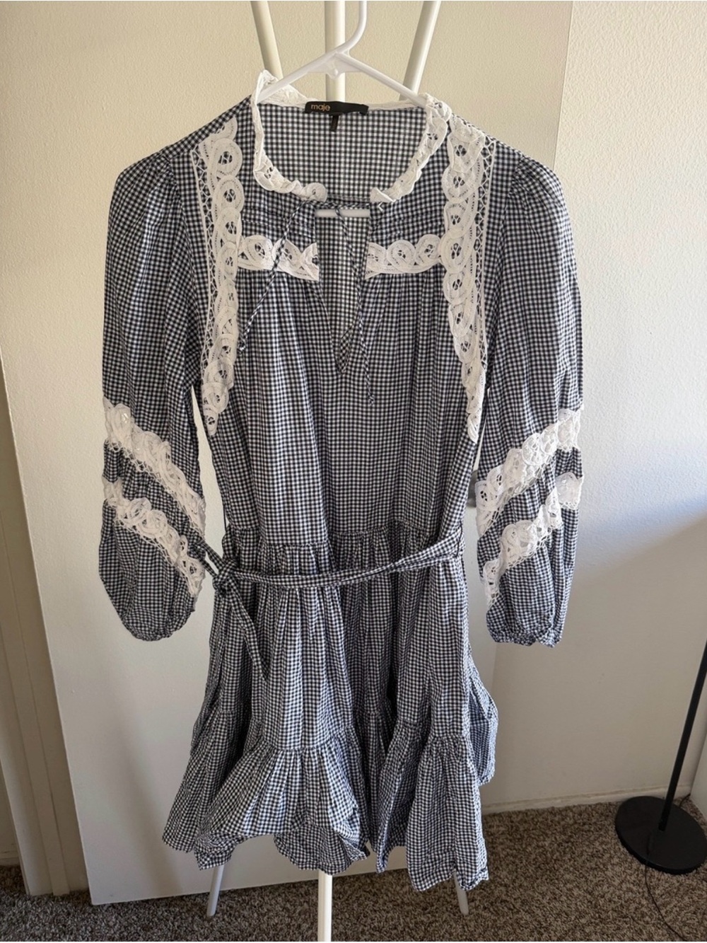 Maje Navy Gingham Lace-Trim Long Sleeve Dress